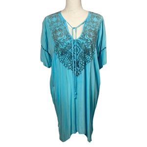 Biya Embroidered Tunic Blouse XS  Turquoise Short Sleeve V Neck Rayon Boho